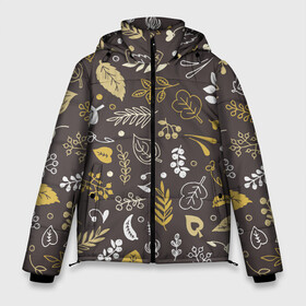 Мужская зимняя куртка 3D с принтом Осенние листья и ягоды в Тюмени, верх — 100% полиэстер; подкладка — 100% полиэстер; утеплитель — 100% полиэстер | длина ниже бедра, свободный силуэт Оверсайз. Есть воротник-стойка, отстегивающийся капюшон и ветрозащитная планка. 

Боковые карманы с листочкой на кнопках и внутренний карман на молнии. | Тематика изображения на принте: бежевый | желтый | коричневый | листья | осень | ягоды