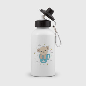 Бутылка спортивная с принтом Мишка в синей чашке в Тюмени, металл | емкость — 500 мл, в комплекте две пластиковые крышки и карабин для крепления | медвежонок | мишка | синий | чашка