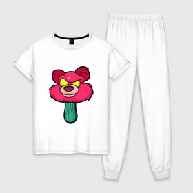 Женская пижама хлопок с принтом Розовый медведь в Тюмени, 100% хлопок | брюки и футболка прямого кроя, без карманов, на брюках мягкая резинка на поясе и по низу штанин | bears | ice cream | pinky | животные | мороженное