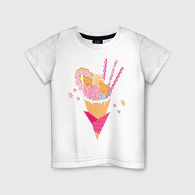 Детская футболка хлопок с принтом Кавай в Тюмени, 100% хлопок | круглый вырез горловины, полуприлегающий силуэт, длина до линии бедер | cats | ice cream | japan | kawai | sweets | кавай | коты | мороженное | сладости | япония