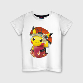 Детская футболка хлопок с принтом Пикачу гейша в Тюмени, 100% хлопок | круглый вырез горловины, полуприлегающий силуэт, длина до линии бедер | anime | picachu | pikachu | аниме | милый | пика | пикачу | покебол | покемон