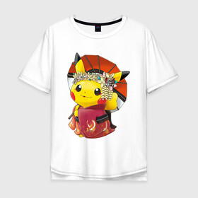 Мужская футболка хлопок Oversize с принтом Пикачу гейша в Тюмени, 100% хлопок | свободный крой, круглый ворот, “спинка” длиннее передней части | anime | picachu | pikachu | аниме | милый | пика | пикачу | покебол | покемон