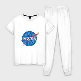 Женская пижама хлопок с принтом NASA Pizza в Тюмени, 100% хлопок | брюки и футболка прямого кроя, без карманов, на брюках мягкая резинка на поясе и по низу штанин | mars | moon | nasa | астероид | астронавт | астрономия | вселенная | гагарин | галактика | земля | илон | комета | космонавт | космос | луна | марс | маск | наса | небо | нло | пицца | планета | пришелец | ракета