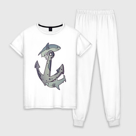 Женская пижама хлопок с принтом Sharks around the anchor в Тюмени, 100% хлопок | брюки и футболка прямого кроя, без карманов, на брюках мягкая резинка на поясе и по низу штанин | fish | sea | shark | акула | море | плавники | под водой | рыба | якорь