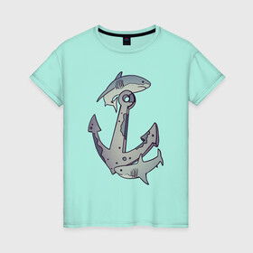 Женская футболка хлопок с принтом Sharks around the anchor в Тюмени, 100% хлопок | прямой крой, круглый вырез горловины, длина до линии бедер, слегка спущенное плечо | fish | sea | shark | акула | море | плавники | под водой | рыба | якорь