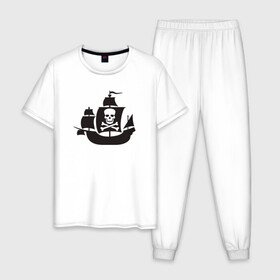 Мужская пижама хлопок с принтом Пиратский корабль в Тюмени, 100% хлопок | брюки и футболка прямого кроя, без карманов, на брюках мягкая резинка на поясе и по низу штанин
 | Тематика изображения на принте: captain | pirate | pirates | ship | skull | капитан | корабль | пират | череп | штурвал