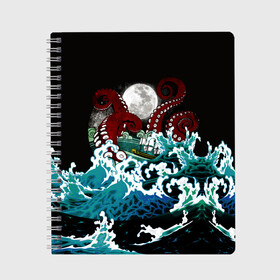 Тетрадь с принтом Корабль на Волнах | Кракен в Тюмени, 100% бумага | 48 листов, плотность листов — 60 г/м2, плотность картонной обложки — 250 г/м2. Листы скреплены сбоку удобной пружинной спиралью. Уголки страниц и обложки скругленные. Цвет линий — светло-серый
 | animal | beast | kraken | monster | moon | ocean | octopus | sea | ship | water | waves | вода | волны | животные | звери | корабль | кракен | луна | монстр | море | океан | осьминог | рыбы | щупальца