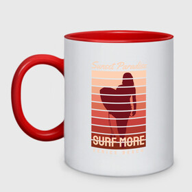 Кружка двухцветная с принтом SURF MORE в Тюмени, керамика | объем — 330 мл, диаметр — 80 мм. Цветная ручка и кайма сверху, в некоторых цветах — вся внутренняя часть | surf more | лето | море | отдых | сер
