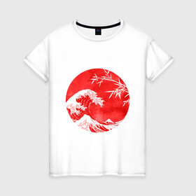 Женская футболка хлопок с принтом Волна в Канагаве в Тюмени, 100% хлопок | прямой крой, круглый вырез горловины, длина до линии бедер, слегка спущенное плечо | аниме | бамбук | большая волна в канагаве | волна | красный | солнце | япония