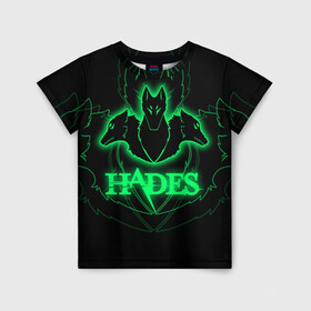 Детская футболка 3D с принтом Hades в Тюмени, 100% гипоаллергенный полиэфир | прямой крой, круглый вырез горловины, длина до линии бедер, чуть спущенное плечо, ткань немного тянется | hades | roguelike | бесконечные круги ада | волки | зелёные | компьютерная игра | светящиеся | эмблема