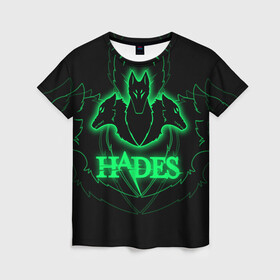 Женская футболка 3D с принтом Hades в Тюмени, 100% полиэфир ( синтетическое хлопкоподобное полотно) | прямой крой, круглый вырез горловины, длина до линии бедер | hades | roguelike | бесконечные круги ада | волки | зелёные | компьютерная игра | светящиеся | эмблема