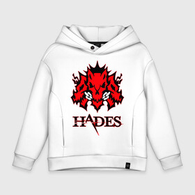 Детское худи Oversize хлопок с принтом Hades в Тюмени, френч-терри — 70% хлопок, 30% полиэстер. Мягкий теплый начес внутри —100% хлопок | боковые карманы, эластичные манжеты и нижняя кромка, капюшон на магнитной кнопке | Тематика изображения на принте: hades | roguelike | бесконечные круги ада | волк | компьютерная игра | красный | цепь | эмблема