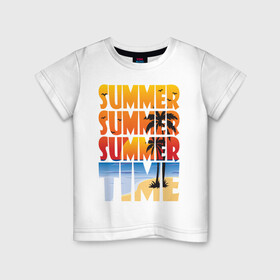 Детская футболка хлопок с принтом SUMMER TIME в Тюмени, 100% хлопок | круглый вырез горловины, полуприлегающий силуэт, длина до линии бедер | Тематика изображения на принте: beach | holiday | print | sea | summer | sun | лето | море | острова | отдых | отпуск | пальмы | песок | пляж | солнце