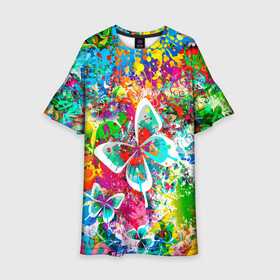 Детское платье 3D с принтом ЯРКИЕ КРАСКИ в Тюмени, 100% полиэстер | прямой силуэт, чуть расширенный к низу. Круглая горловина, на рукавах — воланы | Тематика изображения на принте: butterfly | color | flower | rainbow | summer | бабочки | брызги | краски | лето | радуга | цвета | цветы