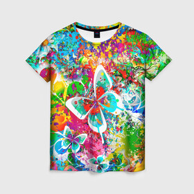 Женская футболка 3D с принтом ЯРКИЕ КРАСКИ в Тюмени, 100% полиэфир ( синтетическое хлопкоподобное полотно) | прямой крой, круглый вырез горловины, длина до линии бедер | butterfly | color | flower | rainbow | summer | бабочки | брызги | краски | лето | радуга | цвета | цветы