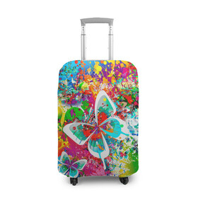 Чехол для чемодана 3D с принтом ЯРКИЕ КРАСКИ в Тюмени, 86% полиэфир, 14% спандекс | двустороннее нанесение принта, прорези для ручек и колес | butterfly | color | flower | rainbow | summer | бабочки | брызги | краски | лето | радуга | цвета | цветы