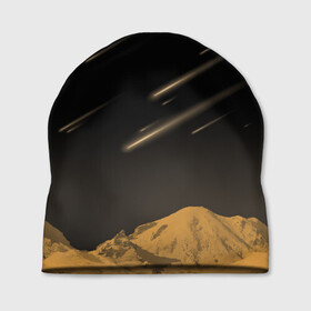 Шапка 3D с принтом Звездопад в Тюмени, 100% полиэстер | универсальный размер, печать по всей поверхности изделия | art | black | orange | print | абстракция | горы | звёзды | ночь