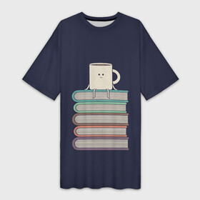 Платье-футболка 3D с принтом Book Cup в Тюмени,  |  | book | chill | coffee | cup | knowledge | mountain | relax | study | tee | гора | знания | книга | книги | книжный | кофе | кружка | релакс | чай | чил