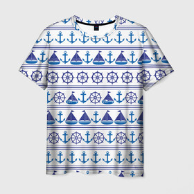 Мужская футболка 3D с принтом Морские мотивы в Тюмени, 100% полиэфир | прямой крой, круглый вырез горловины, длина до линии бедер | ships | корабли | кораблики | море | морские | морское | руль | штурвал | якорь