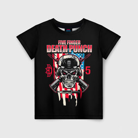 Детская футболка 3D с принтом 5FDP | Five Finger Death Punch в Тюмени, 100% гипоаллергенный полиэфир | прямой крой, круглый вырез горловины, длина до линии бедер, чуть спущенное плечо, ткань немного тянется | 5fdp | america | death | ffdp | finger | five | hard | metal | music | punch | rock | skull | states | united | usa | америка | метал | музыка | рок | сша | хард | череп
