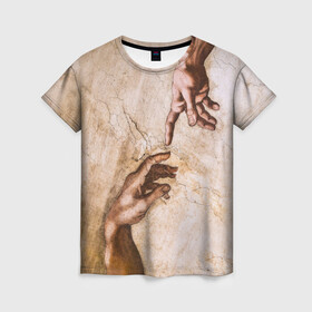 Женская футболка 3D с принтом Микеланджело сотворение Адама в Тюмени, 100% полиэфир ( синтетическое хлопкоподобное полотно) | прямой крой, круглый вырез горловины, длина до линии бедер | адам | бог | картина | картина микеланджело | микеланджело | микелянджело | рука адама | рука бога | скульптор | скульптор микеланджело | сотворение адама