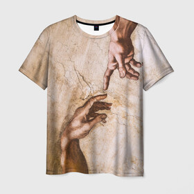 Мужская футболка 3D с принтом Микеланджело сотворение Адама в Тюмени, 100% полиэфир | прямой крой, круглый вырез горловины, длина до линии бедер | адам | бог | картина | картина микеланджело | микеланджело | микелянджело | рука адама | рука бога | скульптор | скульптор микеланджело | сотворение адама
