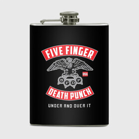 Фляга с принтом Five Finger Death Punch (5FDP) в Тюмени, металлический корпус | емкость 0,22 л, размер 125 х 94 мм. Виниловая наклейка запечатывается полностью | Тематика изображения на принте: 5fdp | america | death | ffdp | finger | five | hard | metal | music | punch | rock | skull | states | united | usa | америка | метал | музыка | рок | сша | хард | череп