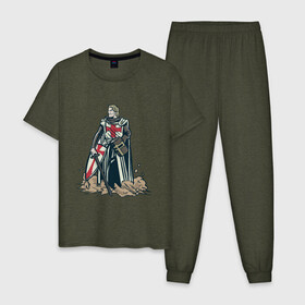Мужская пижама хлопок с принтом Настоящий Рыцарь Крестоносец в Тюмени, 100% хлопок | брюки и футболка прямого кроя, без карманов, на брюках мягкая резинка на поясе и по низу штанин
 | Тематика изображения на принте: armor | arms | art | crusade | crusader | knight | medieval | sword | tampliet | templar | warrior | армор | армс | арт | воин | доспехи | кольчуга | крест тамплиеров | крестоносец | меч | рыцарский орден | средневековье | 