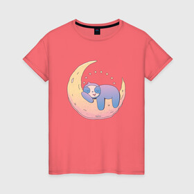 Женская футболка хлопок с принтом Ленивец на луне Sloth on Moon в Тюмени, 100% хлопок | прямой крой, круглый вырез горловины, длина до линии бедер, слегка спущенное плечо | art | cute sloth | dream | dreaming | half moon | halfmoon | moon | nap | napping | sleep | sleeping | stars | арт | звёздочки | звёзды | иллюстрация | ленивцы | мерч | месяц | милый ленивец | полумесяц | рисунок | смешной ленивец | сон | спи