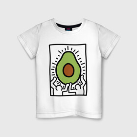 Детская футболка хлопок с принтом АВОКАДО АРТ в Тюмени, 100% хлопок | круглый вырез горловины, полуприлегающий силуэт, длина до линии бедер | Тематика изображения на принте: avocado | авокадо | арт | минимализм | простота | человечки