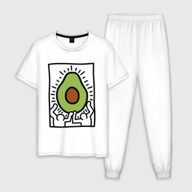 Мужская пижама хлопок с принтом АВОКАДО АРТ в Тюмени, 100% хлопок | брюки и футболка прямого кроя, без карманов, на брюках мягкая резинка на поясе и по низу штанин
 | Тематика изображения на принте: avocado | авокадо | арт | минимализм | простота | человечки