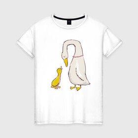 Женская футболка хлопок с принтом Утка и утенок в Тюмени, 100% хлопок | прямой крой, круглый вырез горловины, длина до линии бедер, слегка спущенное плечо | мама утка | птицы | птички | утка | уточки | утята | цыпленок | цыплята