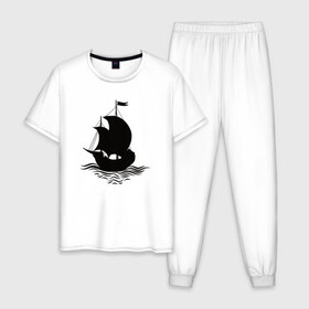 Мужская пижама хлопок с принтом Очертание корабля в Тюмени, 100% хлопок | брюки и футболка прямого кроя, без карманов, на брюках мягкая резинка на поясе и по низу штанин
 | ships | whale | кит | киты | корабли | кораблики | море | морские | морское