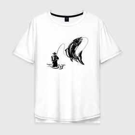 Мужская футболка хлопок Oversize с принтом Рыбак и рыбка в Тюмени, 100% хлопок | свободный крой, круглый ворот, “спинка” длиннее передней части | fish | fishing | ловит рыбу | рыба | рыбак | рыбалка | рыбацкие | рыбачит | удочка