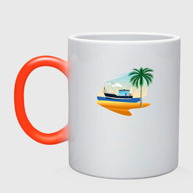 Кружка хамелеон с принтом Яхта и пляж в Тюмени, керамика | меняет цвет при нагревании, емкость 330 мл | Тематика изображения на принте: корабль | море | морское | пальма | пляж | судно | яхта | яхты