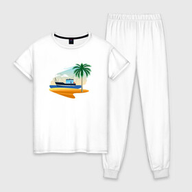Женская пижама хлопок с принтом Яхта и пляж в Тюмени, 100% хлопок | брюки и футболка прямого кроя, без карманов, на брюках мягкая резинка на поясе и по низу штанин | корабль | море | морское | пальма | пляж | судно | яхта | яхты