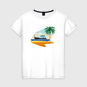 Женская футболка хлопок с принтом Яхта и пляж в Тюмени, 100% хлопок | прямой крой, круглый вырез горловины, длина до линии бедер, слегка спущенное плечо | корабль | море | морское | пальма | пляж | судно | яхта | яхты