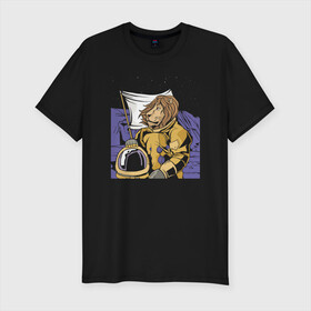 Мужская футболка хлопок Slim с принтом Космический Лев Космонавт в Тюмени, 92% хлопок, 8% лайкра | приталенный силуэт, круглый вырез ворота, длина до линии бедра, короткий рукав | Тематика изображения на принте: astronaut | cosmonaut | landscape | lev | lion | moon | space lion | астронавт на луне | большая киса | большая кошка | большие кошки | в космосе | гордый лев | грива | знак зодиака лев | зодиак | лев на луне | лев с гривой | лёва