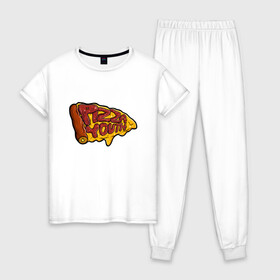 Женская пижама хлопок с принтом Горячий кусочек в Тюмени, 100% хлопок | брюки и футболка прямого кроя, без карманов, на брюках мягкая резинка на поясе и по низу штанин | dodo | pizza | вкусная еда | кусочек | пицца