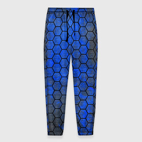 Мужские брюки 3D с принтом Синие Соты в Тюмени, 100% полиэстер | манжеты по низу, эластичный пояс регулируется шнурком, по бокам два кармана без застежек, внутренняя часть кармана из мелкой сетки | hexagons | honeycombs | metal | соты | шестиугольники