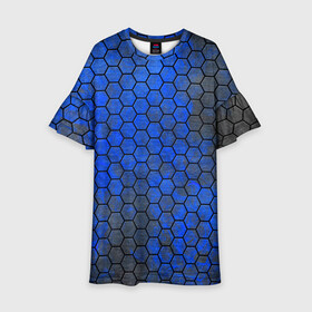 Детское платье 3D с принтом Синие Соты в Тюмени, 100% полиэстер | прямой силуэт, чуть расширенный к низу. Круглая горловина, на рукавах — воланы | hexagons | honeycombs | metal | соты | шестиугольники
