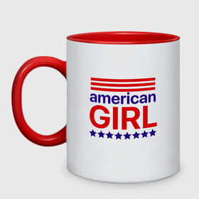 Кружка двухцветная с принтом American girl в Тюмени, керамика | объем — 330 мл, диаметр — 80 мм. Цветная ручка и кайма сверху, в некоторых цветах — вся внутренняя часть | american girl | америка | американская девочка | красный | синий | сша