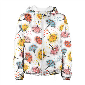 Женская куртка 3D с принтом Абстрактные цветы одуванчики в Тюмени, ткань верха — 100% полиэстер, подклад — флис | прямой крой, подол и капюшон оформлены резинкой с фиксаторами, два кармана без застежек по бокам, один большой потайной карман на груди. Карман на груди застегивается на липучку | летний | одуванчик | разноцветный | цветы