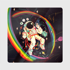 Магнит виниловый Квадрат с принтом Космонавт в Тюмени, полимерный материал с магнитным слоем | размер 9*9 см, закругленные углы | Тематика изображения на принте: арт | значки | космонавт | космос | надписи | радуга | цветное