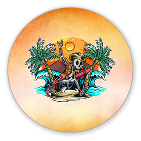 Коврик для мышки круглый с принтом Пати на острове в Тюмени, резина и полиэстер | круглая форма, изображение наносится на всю лицевую часть | арт | графика | лето | море | остров | пальмы | пляж | скелет | череп
