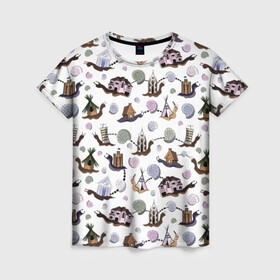Женская футболка 3D с принтом улитки и домики в Тюмени, 100% полиэфир ( синтетическое хлопкоподобное полотно) | прямой крой, круглый вырез горловины, длина до линии бедер | домики | милые. анималистический паттерн | паттерн с улитками | ракушки | улитки