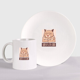Набор: тарелка + кружка с принтом Мудрый китайский кот в Тюмени, керамика | Кружка: объем — 330 мл, диаметр — 80 мм. Принт наносится на бока кружки, можно сделать два разных изображения. 
Тарелка: диаметр - 210 мм, диаметр для нанесения принта - 120 мм. | Тематика изображения на принте: cat merch | china | chineese cat | kanji | kitten | kitty | tired cat | wise cat | животные | кандзи | киса | китайская надпись | китайские буквы | китайские иероглифы | кот штош | котёнок | котик | коты мерч | кошка | уставший кот
