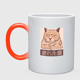 Кружка хамелеон с принтом Мудрый китайский кот в Тюмени, керамика | меняет цвет при нагревании, емкость 330 мл | cat merch | china | chineese cat | kanji | kitten | kitty | tired cat | wise cat | животные | кандзи | киса | китайская надпись | китайские буквы | китайские иероглифы | кот штош | котёнок | котик | коты мерч | кошка | уставший кот