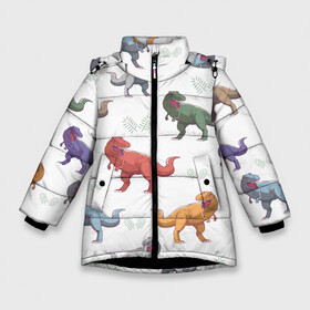 Зимняя куртка для девочек 3D с принтом Разноцветные тираннозавры  в Тюмени, ткань верха — 100% полиэстер; подклад — 100% полиэстер, утеплитель — 100% полиэстер. | длина ниже бедра, удлиненная спинка, воротник стойка и отстегивающийся капюшон. Есть боковые карманы с листочкой на кнопках, утяжки по низу изделия и внутренний карман на молнии. 

Предусмотрены светоотражающий принт на спинке, радужный светоотражающий элемент на пуллере молнии и на резинке для утяжки. | art | dino | dinosaur | dinosaurus | pattern | t rex | t rex merch | арт | детский рисунок | динозавр | динозавр мерч | динозаврики | иллюстрация | паттерн | рекс | рисунок динозавра | страшные динозавры | т рекс | тираннозавр