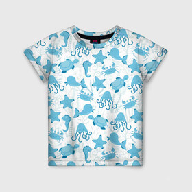 Детская футболка 3D с принтом Морские жители в Тюмени, 100% гипоаллергенный полиэфир | прямой крой, круглый вырез горловины, длина до линии бедер, чуть спущенное плечо, ткань немного тянется | Тематика изображения на принте: dolphin | дельфин | краб | море | морская звезда | морские | морской конек | осьминог | с дельфином | черепаха